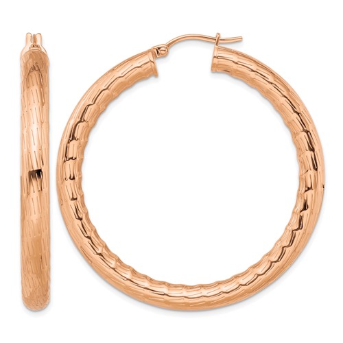 Chisel Stainless Steel Polished and Textured Rose IP-plated Hoop Earrings