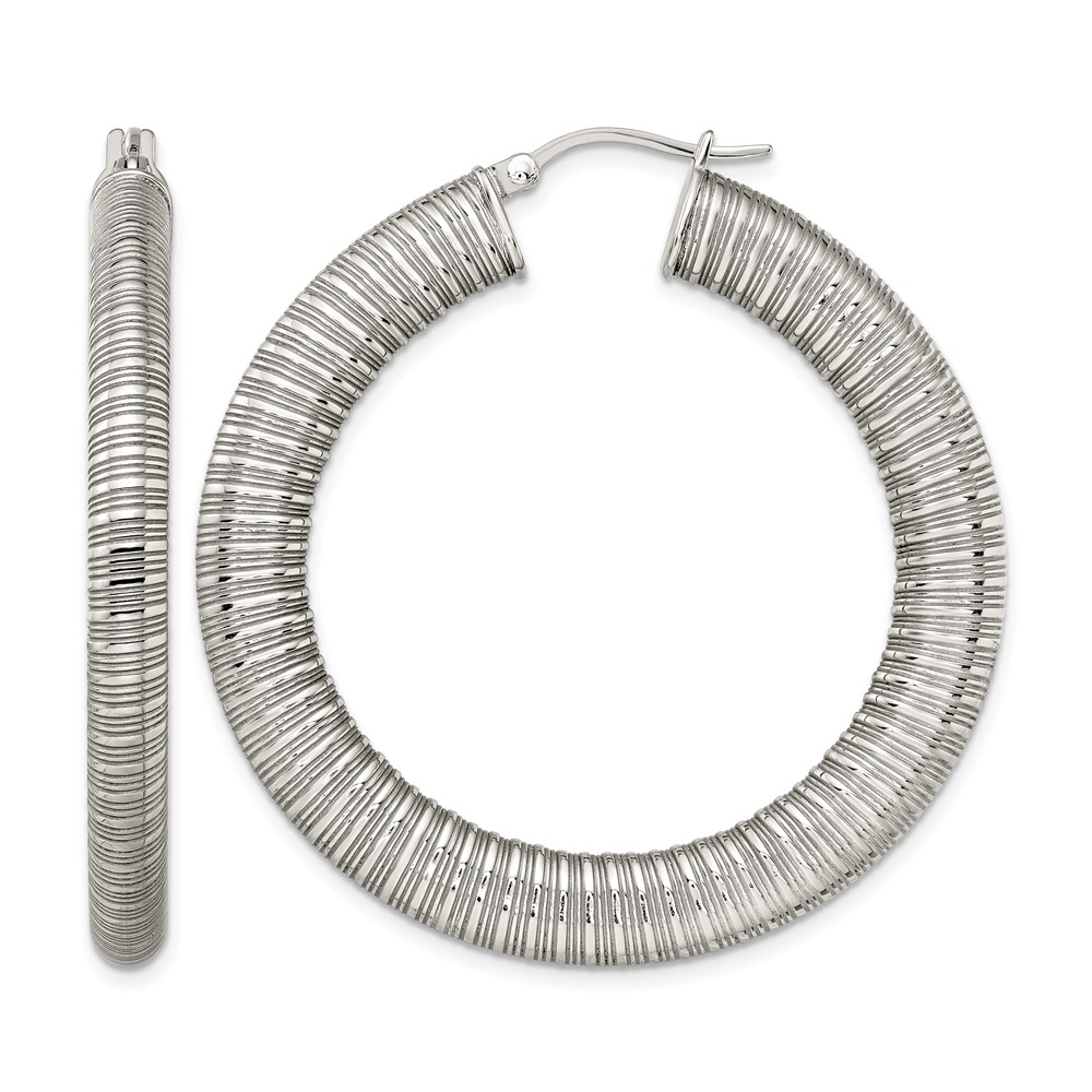 Stainless Steel Polished and Textured Hollow Hoop Earrings