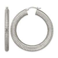 Stainless Steel Polished and Textured Hollow Hoop Earrings view 1