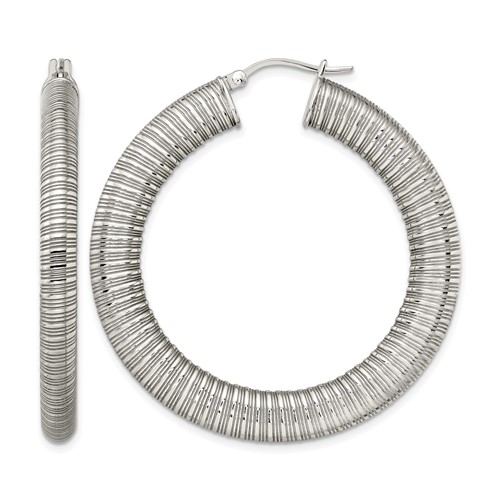 Stainless Steel Polished and Textured Hollow Hoop Earrings