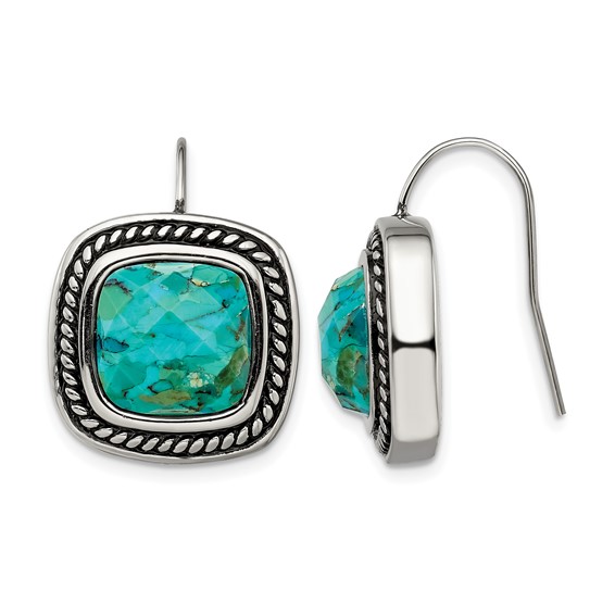 Chisel Stainless Steel Antiqued and Polished Imitation Turquoise Shepherd Hook Earrings