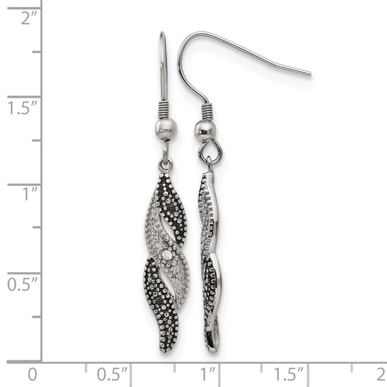 Chisel Stainless Steel Antiqued and Polished CZ Dangle Shepherd Hook Earrings