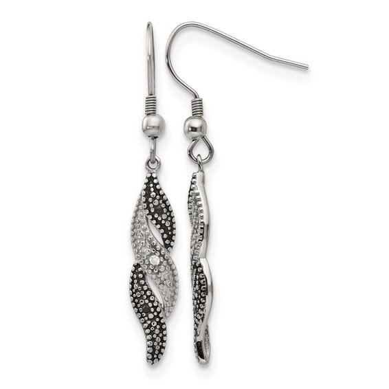 Chisel Stainless Steel Antiqued and Polished CZ Dangle Shepherd Hook Earrings
