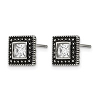 Chisel Stainless Steel Antiqued and Polished CZ Square Post Earrings view 3