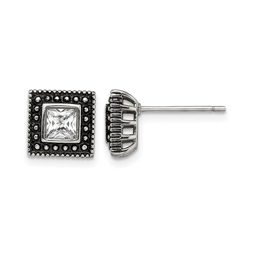 Chisel Stainless Steel Antiqued and Polished CZ Square Post Earrings