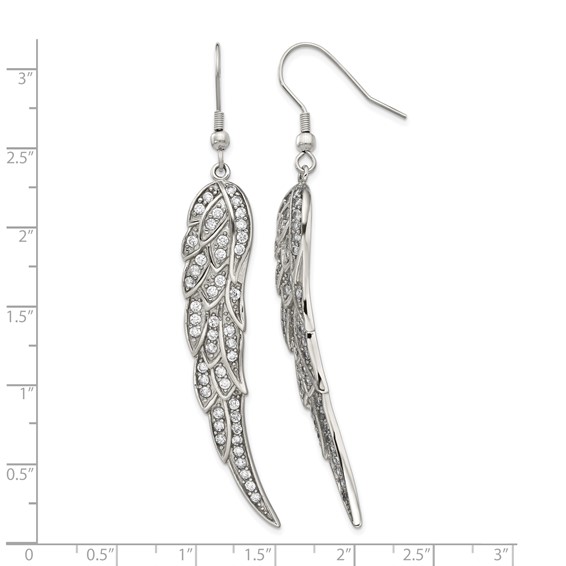 Stainless Steel Polished w/CZ Dangle Shepherd Hook Earrings