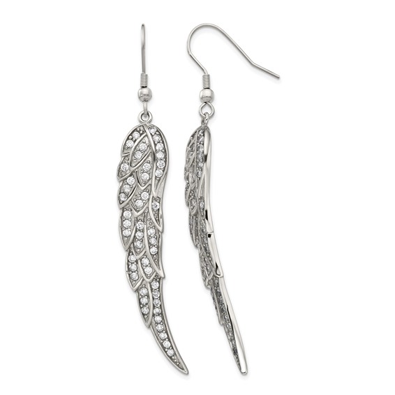 Stainless Steel Polished w/CZ Dangle Shepherd Hook Earrings