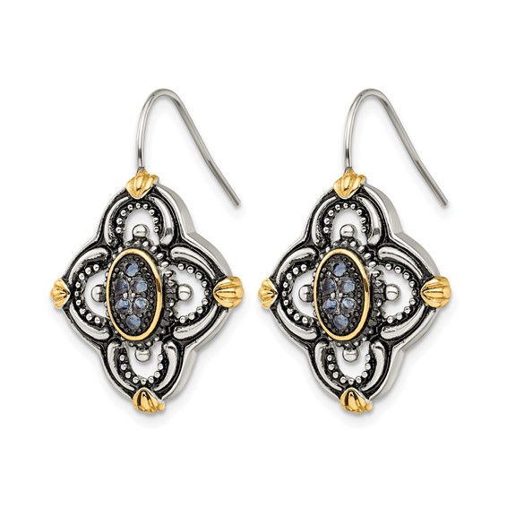 Chisel Stainless Steel Antiqued Polished and Textured Yellow IP-plated with Blue Glass Shepherd Hook Earrings