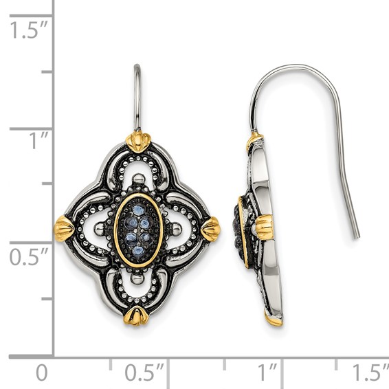 Chisel Stainless Steel Antiqued Polished and Textured Yellow IP-plated with Blue Glass Shepherd Hook Earrings