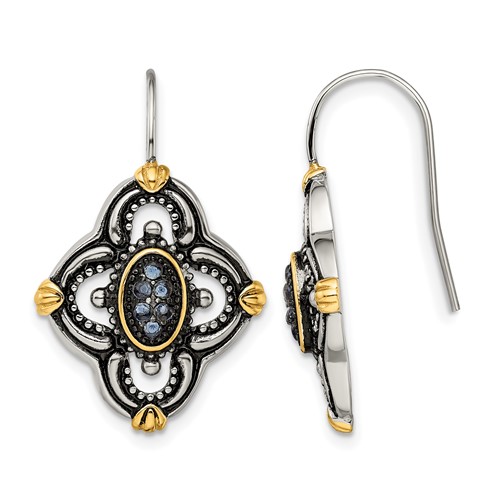 Chisel Stainless Steel Antiqued Polished and Textured Yellow IP-plated Earrings with Blue Glass Shepherd Hook