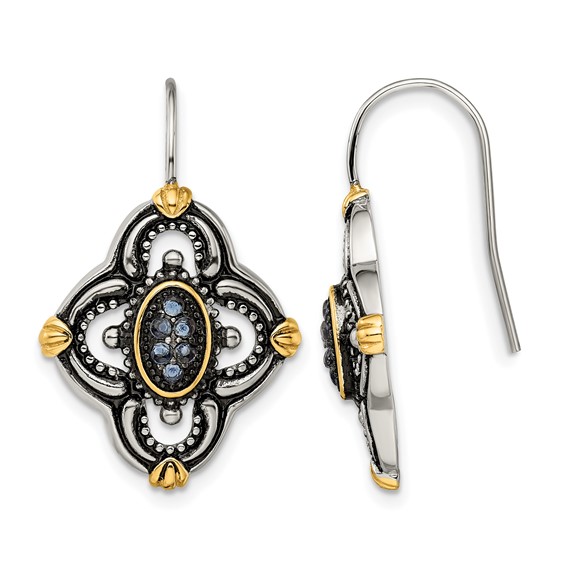 Chisel Stainless Steel Antiqued Polished and Textured Yellow IP-plated with Blue Glass Shepherd Hook Earrings