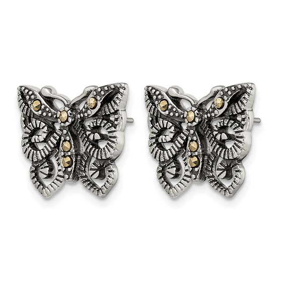 Stainless Steel Antiqued and Polished Marcasite Butterfly Post Earrings