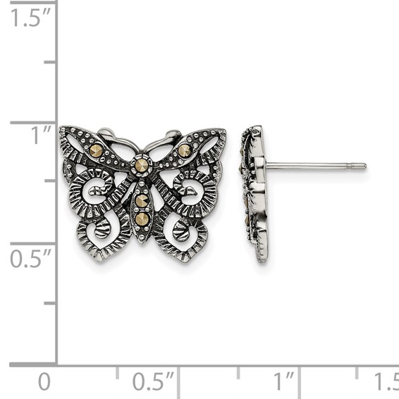 Stainless Steel Antiqued and Polished Marcasite Butterfly Post Earrings