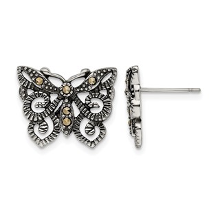 Stainless Steel Antiqued and Polished Marcasite Butterfly Post Earrings