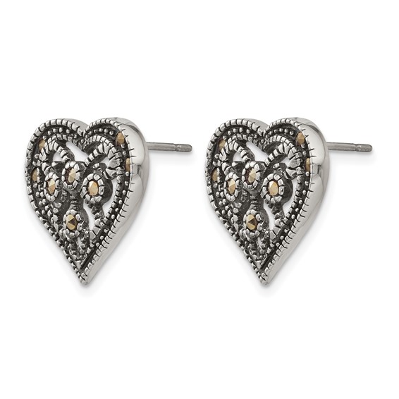 Stainless Steel Antiqued Polished & Textured Marcasite Heart Post Earrings