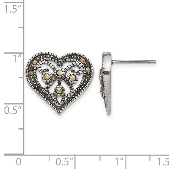 Stainless Steel Antiqued Polished & Textured Marcasite Heart Post Earrings