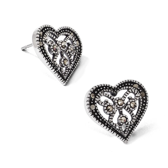 Stainless Steel Antiqued Polished & Textured Marcasite Heart Post Earrings