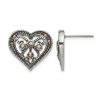 Stainless Steel Antiqued Polished & Textured Marcasite Heart Post Earrings view 1