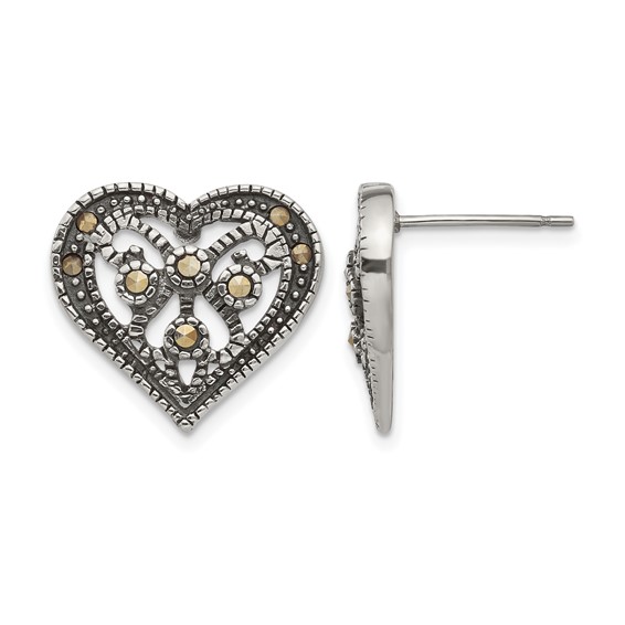 Stainless Steel Antiqued Polished & Textured Marcasite Heart Post Earrings