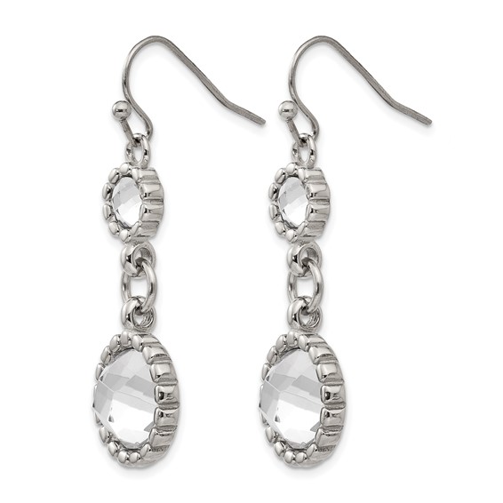 Stainless Steel Polished Grey Glass Dangle Shepherd Hook Earrings