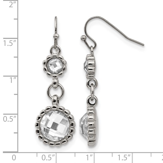 Stainless Steel Polished Grey Glass Dangle Shepherd Hook Earrings