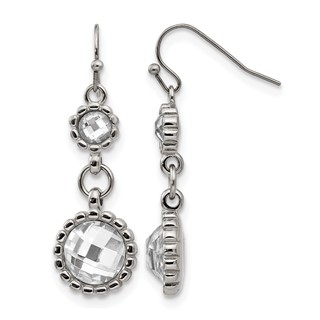 Stainless Steel Polished Grey Glass Dangle Shepherd Hook Earrings