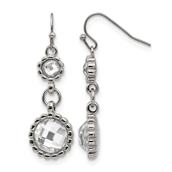 Stainless Steel Polished Grey Glass Dangle Shepherd Hook Earrings