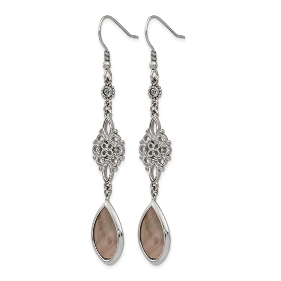 Chisel Stainless Steel Polished Black Mother of Pearl and CZ Dangle Shepherd Hook Earrings