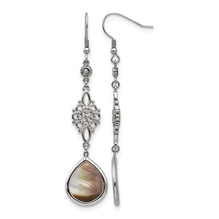 Chisel Stainless Steel Polished Black Mother of Pearl and CZ Dangle Shepherd Hook Earrings