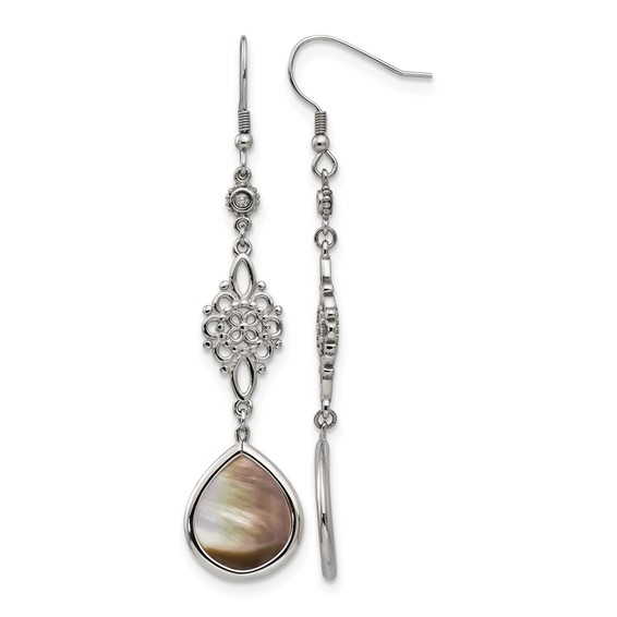 Chisel Stainless Steel Polished Black Mother of Pearl and CZ Dangle Shepherd Hook Earrings