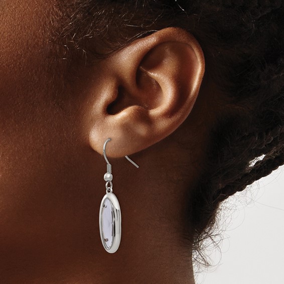 Chisel Stainless Steel Polished Grey Glass Oval Dangle Shepherd Hook Earrings