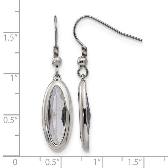 Chisel Stainless Steel Polished Grey Glass Oval Dangle Shepherd Hook Earrings