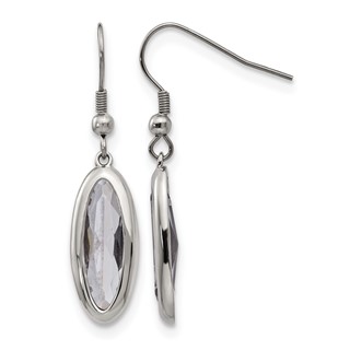 Chisel Stainless Steel Polished Grey Glass Oval Dangle Shepherd Hook Earrings