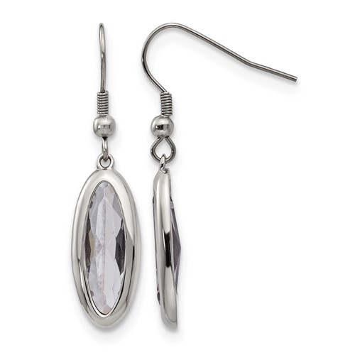 Chisel Stainless Steel Polished Grey Glass Oval Dangle Shepherd Hook Earrings