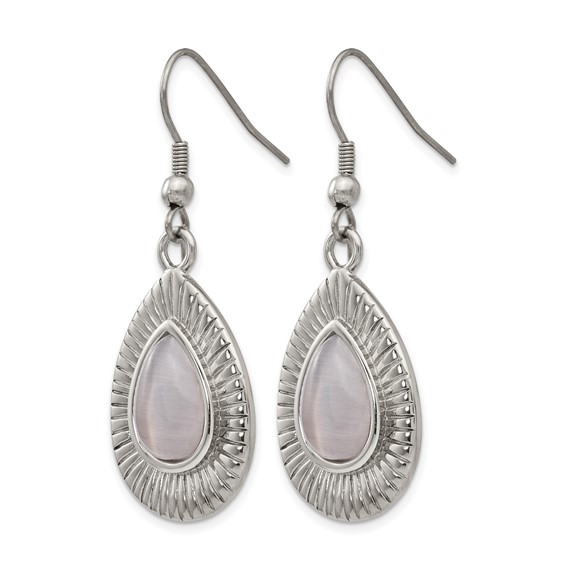 Stainless Steel Polished Grey Cat's Eye Shepherd Hook Earrings