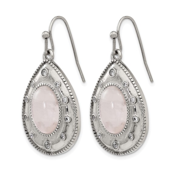 Stainless Steel Polished Rose Quartz and CZ Shepherd Hook Earrings