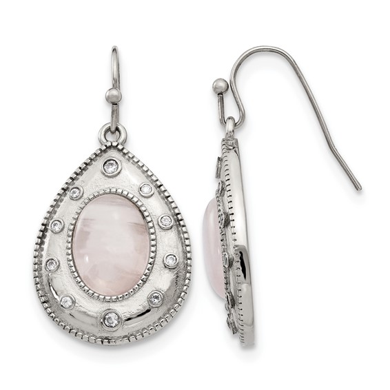 Stainless Steel Polished Rose Quartz and CZ Shepherd Hook Earrings