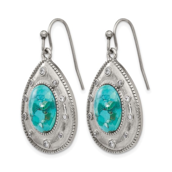 Chisel Stainless Steel Polished Imitation Turquoise and CZ Dangle Shepherd Hook Earrings