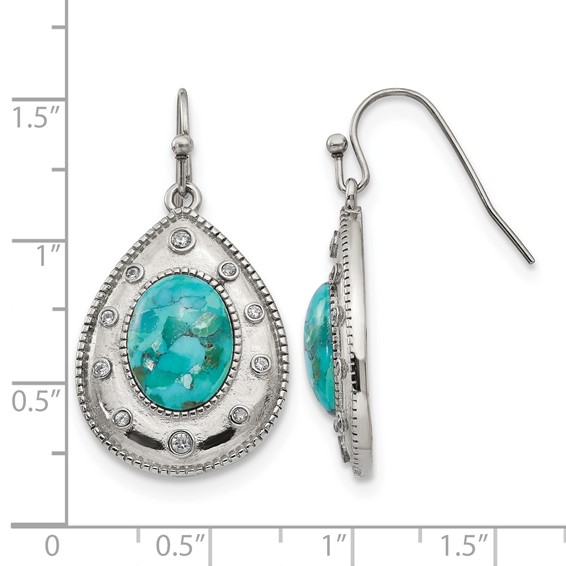 Chisel Stainless Steel Polished Imitation Turquoise and CZ Dangle Shepherd Hook Earrings
