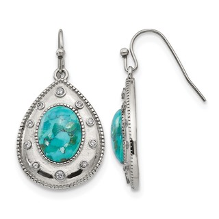 Chisel Stainless Steel Polished Imitation Turquoise and CZ Dangle Shepherd Hook Earrings