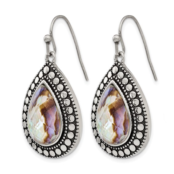 Stainless Steel Antiqued and Polished Imitation Abalone Dangle Earrings