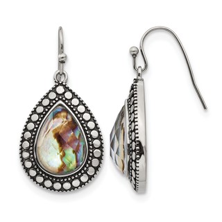 Stainless Steel Antiqued and Polished Imitation Abalone Dangle Earrings