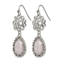 Stainless Steel Polished Rose Quartz Dangle Shepherd Hook Earrings view 3