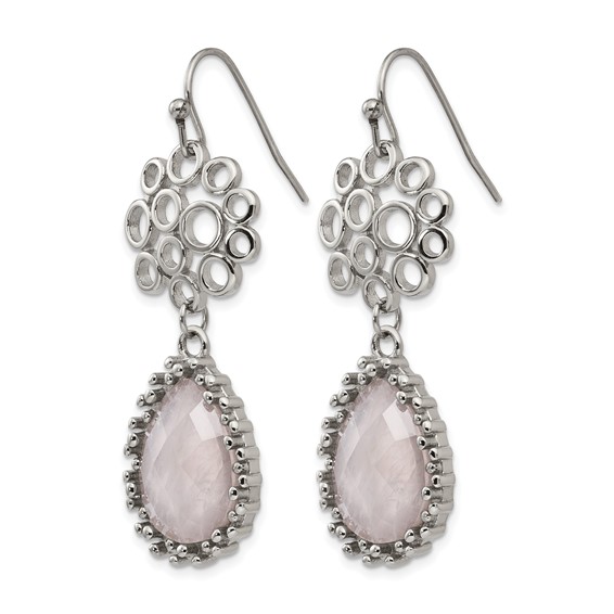 Stainless Steel Polished Rose Quartz Dangle Shepherd Hook Earrings