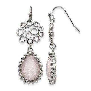 Stainless Steel Polished Rose Quartz Dangle Shepherd Hook Earrings