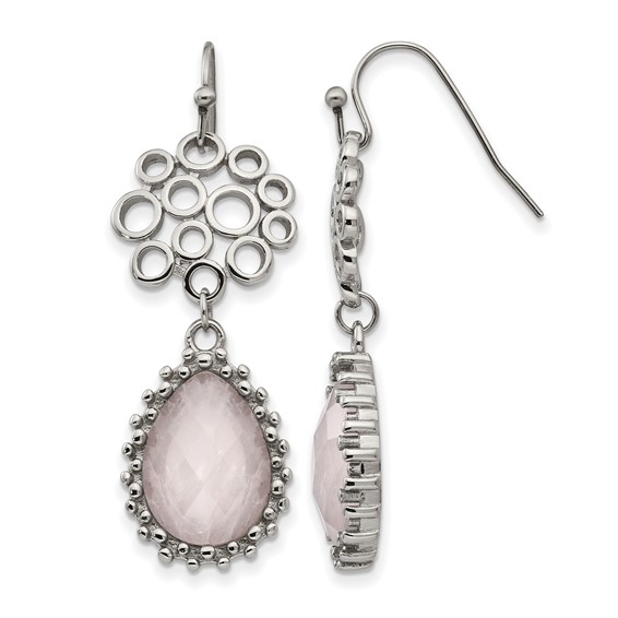 Stainless Steel Polished Rose Quartz Dangle Shepherd Hook Earrings