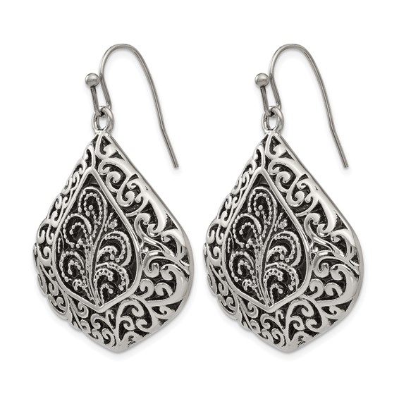 Chisel Stainless Steel Antiqued Polished and Textured Shepherd Hook Earrings