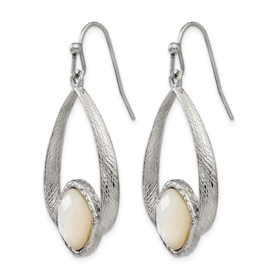 Chisel Stainless Steel Polished and Textured Mother of Pearl Dangle Shepherd Hook Earrings
