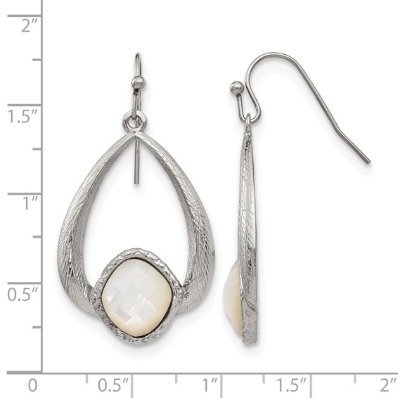 Chisel Stainless Steel Polished and Textured Mother of Pearl Dangle Shepherd Hook Earrings
