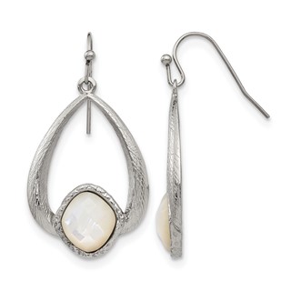 Chisel Stainless Steel Polished and Textured Mother of Pearl Dangle Shepherd Hook Earrings